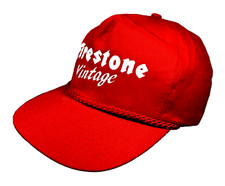 Vtg 80s Firestone Racing Hat Cap Mens Red Trucker Pit Crew Workwear Rope Brim