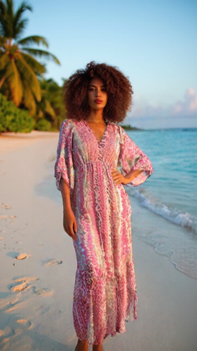 Zury Maxi Dress One Size V-Neck Cinched Empire Waist Flowy 3/4 Bell Sleeves