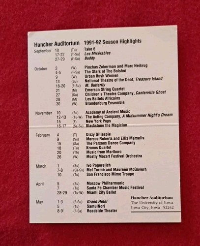 1991 Hancher Saisonplan University Of Iowa Iowa City Iowa - Bild 3 von 3