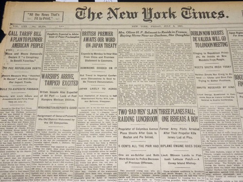1921 JULY 8 NEW YORK TIMES NEWSPAPER- WARSHIPS ARRIVE, TAMPICO EXCILED - NT 8697 - Bild 1 von 6