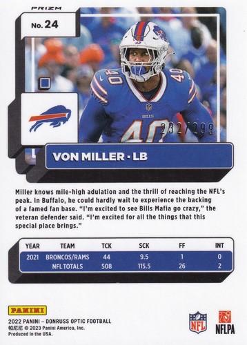 Donruss Optic Aqua Prizm 2022 - Von Miller 232/299 - Buffalo Bills - Imagen 2 de 2