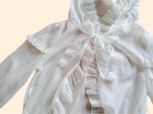 Open tie front white lolita hooded top ruffled details bunny ears cutecore - Picture 2 of 3