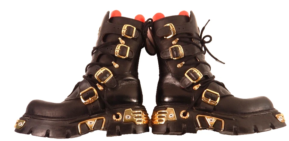 New Rock Reactor Platform Black Leather Goldtone Hardware Combat Boots Size 40 - Image 4 of 4