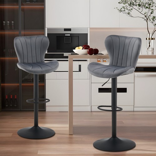 2x 360° Drehbar Samt Barhocker Gas Lift Stühle Küche Pub Esszimmer Stuhl Grau - Bild 13 von 16