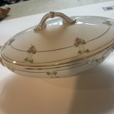 Antique M & Z Austria Handled Covered Vegetable Dish Pink Rose Floral Gold