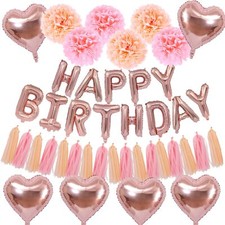 35 Pcs Boho Pink Rose Gold Birthday Party Decorations Set Happy Birthday Ball...