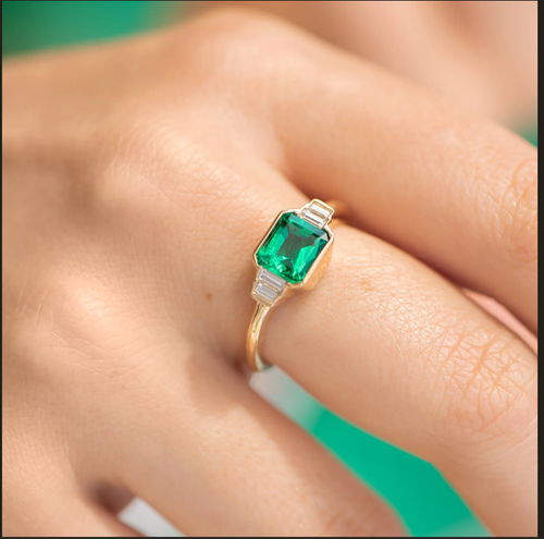 Grüner Smaragd & Lab Grown Diamant Ring 14K Gelbgold 1,60 Ct Smaragd Baguette - Bild 4 von 9