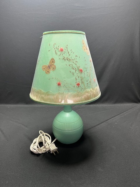Vintage Van Briggle Table Lamp & Shade - Green - Pottery Night Stand Butterflies Vintage Van Briggle Table Lamp & Shade - Green - Pottery Night Stand Butterflies