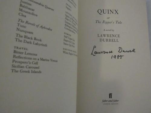 Quinx or the Ripper's Tale by Lawrence Durrell **1ST EDITION, SIGNED**