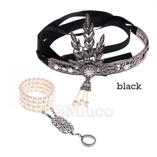 1920s Flapper Great Gatsby Headpiece Bridal 20s Pearl Headband Bracelet Ring Set - Picture 10 of 11