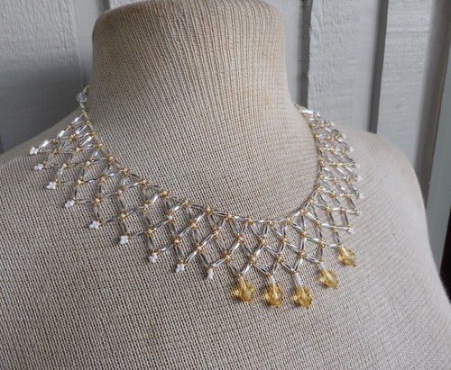 etted Weave Adjustable Beaded Choker Necklace in Silver White Gold w/Drop Beads - Picture 5 of 8