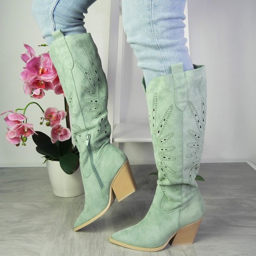 Cowboy Boots Shoes Ladies Western Faux Suede Mid Calf Zip Heel Comfy Womens Knee - Picture 45 of 49