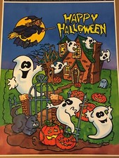 VTG HAPPY HALLOWEEN HAUNTED HOUSE W/WITCH, GHOSTS, BLK CAT  PUMPKINS