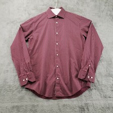 Bugatchi Dress Shirt Mens 15.5-34 Red Checks Shaped-Fit Long-Sleeve Button-Front