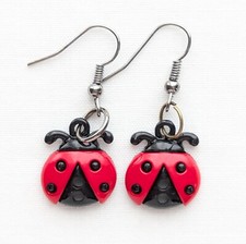 Ladybug Dangle Earrings Figural Insect Lady Bug Statement Jewelry