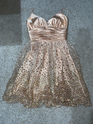 Davids Bridal Size 3/4 Gold Short Dress Spaghetti Straps Sparkle Polka Dots