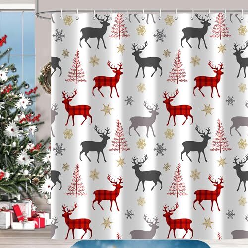 Winter Christmas Shower Curtain for Bathroom Decor, Buffalo Check Christmas Elk - Picture 2 of 7