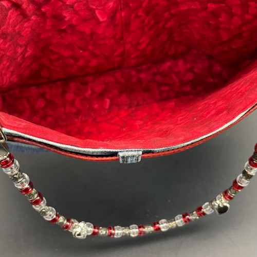 Vintage Denim Jeans Tote Bag Purse Handbag Purse Handmade Beaded Handle Red Belt - Picture 6 of 7