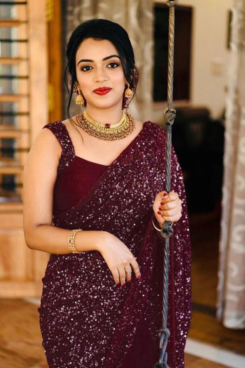 Ethnic Maroon Shimmer Fancy Saree Women Designer Sequin Sari Party Wear Blouse