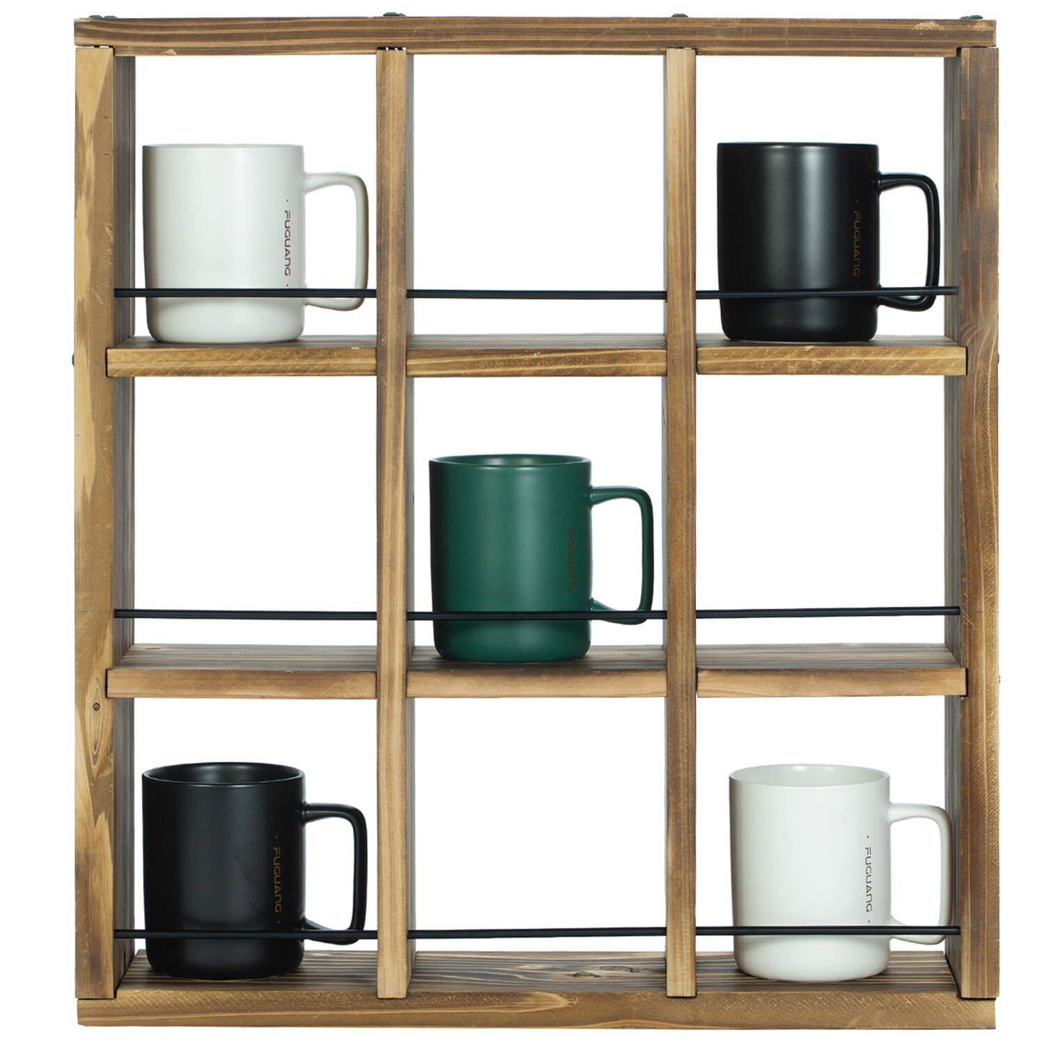 Wall Mounted Rustic Burnt Wood Coffee Mug Display Rack, Mug Cup Shadow Box Shelf