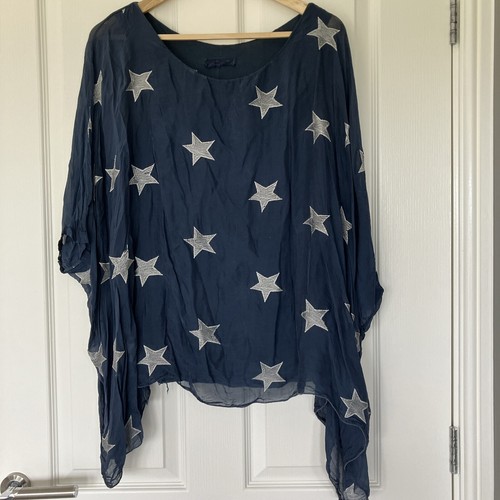 BLUE SILK TOP M Embroidered White Stars Camisole Lining Round Neck Relaxed Fit