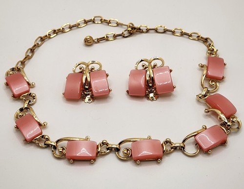 Vintage Signed LERU Pink  Moonglow Lucite Thermoset Necklace & Clip-on Earrings - Picture 1 of 7