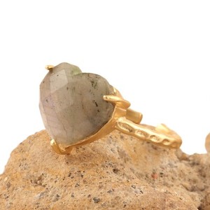Authentic Fire Labradorite Heart Chekar Cut Gold Plated Prong Set Adjustable Ring Gemstone