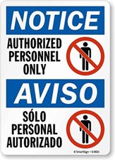 10x14 inch Bilingual Notice Sign Authorized Personnel Only Plastic Safety