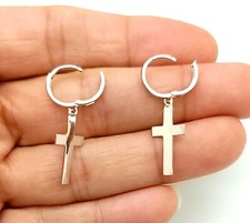 14K Solid Gold 12mm Huggie Earrings with Dangle Cross