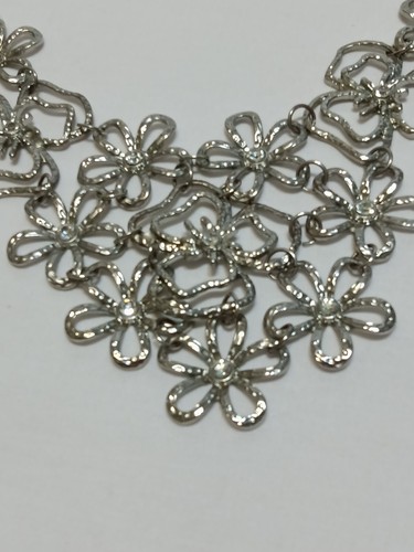 Silver Toned Flower Statement Necklace with Rhinestones 18" 3" extension - Picture 2 of 6
