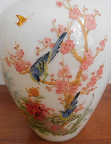 RAR Vintage Bristol Creme Vase Handbemalt Vögel Blumen WUNDERSCHÖN! - Bild 2 von 3