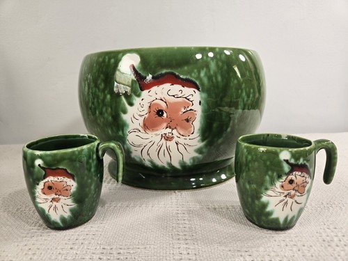 Norcrest zwinkernde Weihnachtsmann Bowle Schüssel + 2 Tassen grüne Tropfglasur Made in Japan