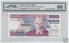 2002 TURKEY 1000000 LIRA  #R88 888888  PMG-66 GEM UNCIRCULATED  SUPER SOLID 8's