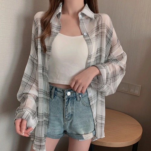 Camicia a quadri in chiffon trasparente da donna blusa oversize con colletto e bottoni estiva - Foto 8 di 32