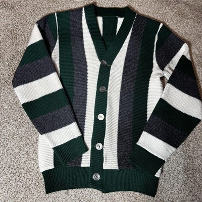 Striped Cardigan Sweater Youth Medium Green Gray White Button Front V Neck Knit
