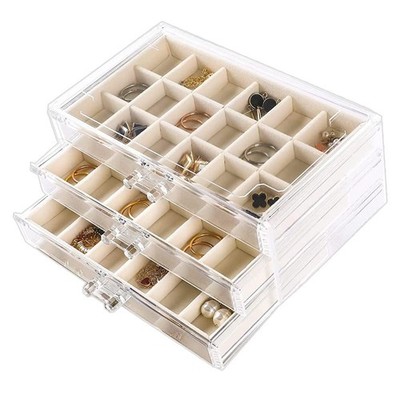 Earring Organizer Acrylic Jewelry Organizer with 3 Drawers 54 Adjustable Grid...