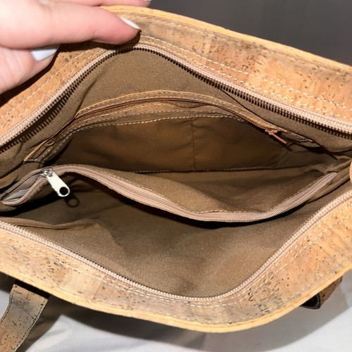Borsa Tote Bag in Sughero Manico Lungo Nah Marrone Tan Leggera 3 Scomparti - Foto 4 di 12