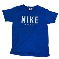 Vtg 90s Nike Soccer Graphic T-Shirt Womens Blue Made in USA Short Sleeve sz L