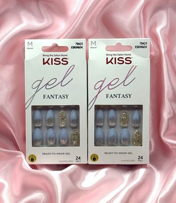 Kiss Gel Fantasy Almond Blue Glitter Medium Press-On Nails Manicure 78420 X2