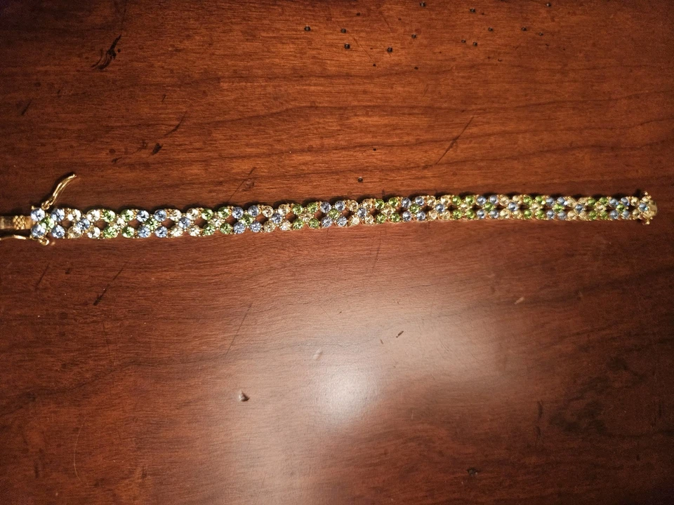 JOAN RIVERS GOLD, BLUE, GREEN CRYSTAL FLOWER TENNIS BRACELET, 7.5", VGC - Image 4 of 4