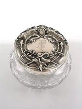 American Brilliant Cut Glass Powder Jar/Art Nouveau Sterling Silver Top - 53 gms