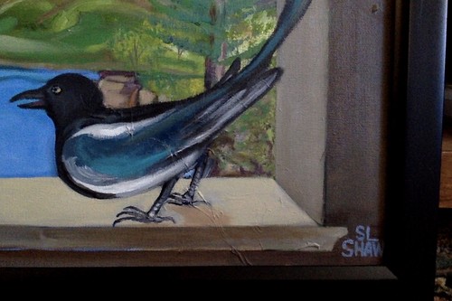 Original Oil Painting Tuxedo Cat w/ Magpie Framed Signed Sheryl L. Shaw - Picture 3 of 10