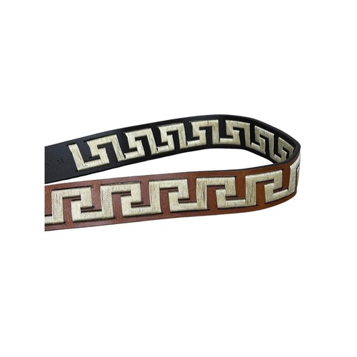 J.McLaughlin Leather Belt Caerus Needlepoint 34 Brown Greek Key Gold Tone Buckle - Picture 7 of 7