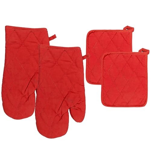 Set of 4 (2) Pot Holders 9" x 7" and (2) Oven Mitts 12" () Red - Bild 1 von 3