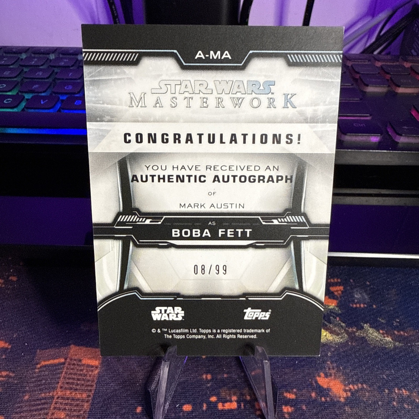 2019 Topps Star Wars Masterwork Mark Austin as Boba Fett Auto Blue /99 #A-MA view 2