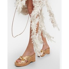 Jimmy Choo Avenue Metallic Leather Cork Wedge Sandals Gold 37
