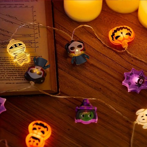 1 Stück Halloween LED Batterie Lichterkette mit Geist Kürbis Katze Spinne Skelett - Bild 19 von 25