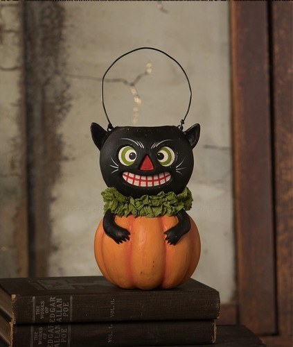 Bethany Lowe Halloween Paper Mache Black Cat In Pumpkin TL3359 Free Shipping - Picture 3 of 3