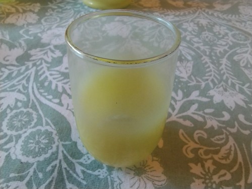 MCM Blendo Frosted Glass Pitcher & 5 Tumblers Juice Glasses Yellow w Gold Trim - Picture 3 of 7