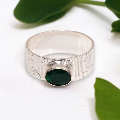Oval Green Onyx Stone Sterling Silver Statement Band Wedding Ring Jewelry US 10